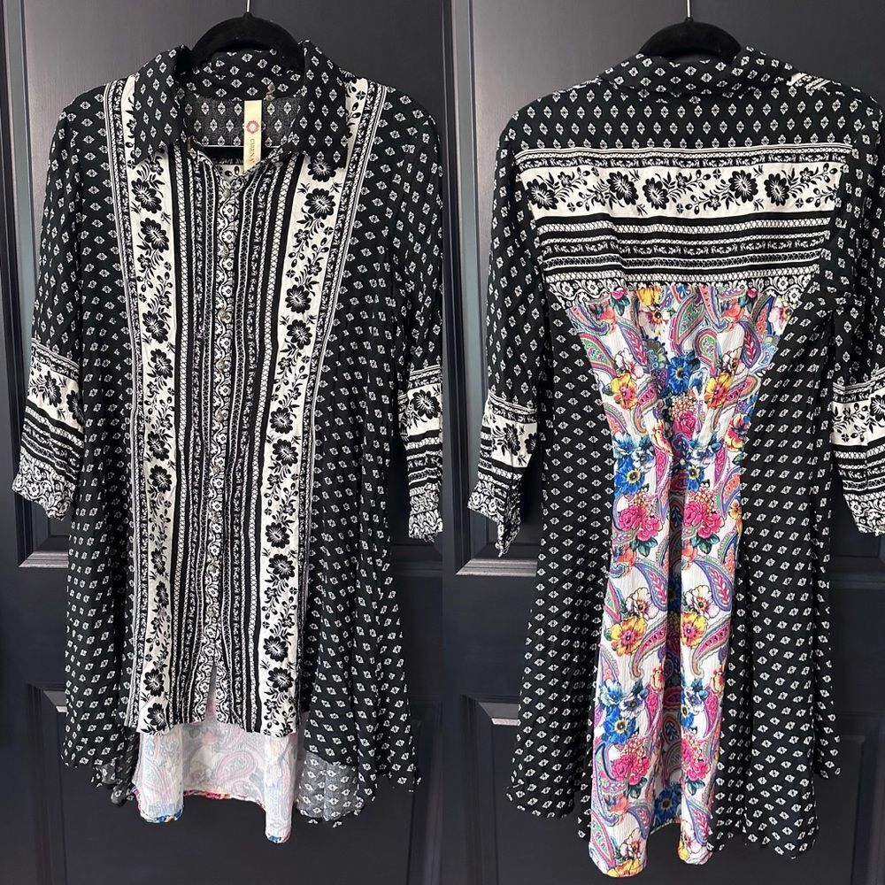 ANTHROPOLOGIE CYRENA Black White Floral Paisley High Low Pleat Shirt Dress Boho